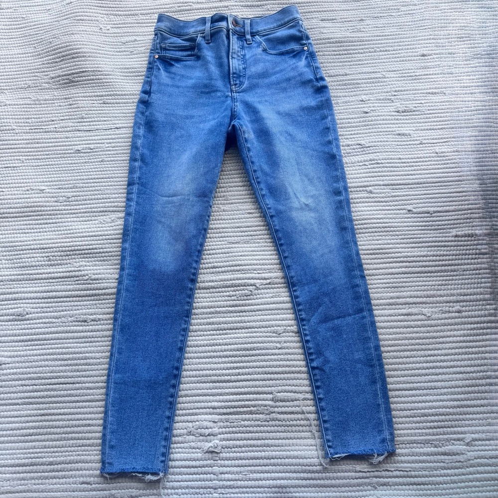 Express High Rise Skinny Jeans 4R Stretch Blue Raw Hem Distressed